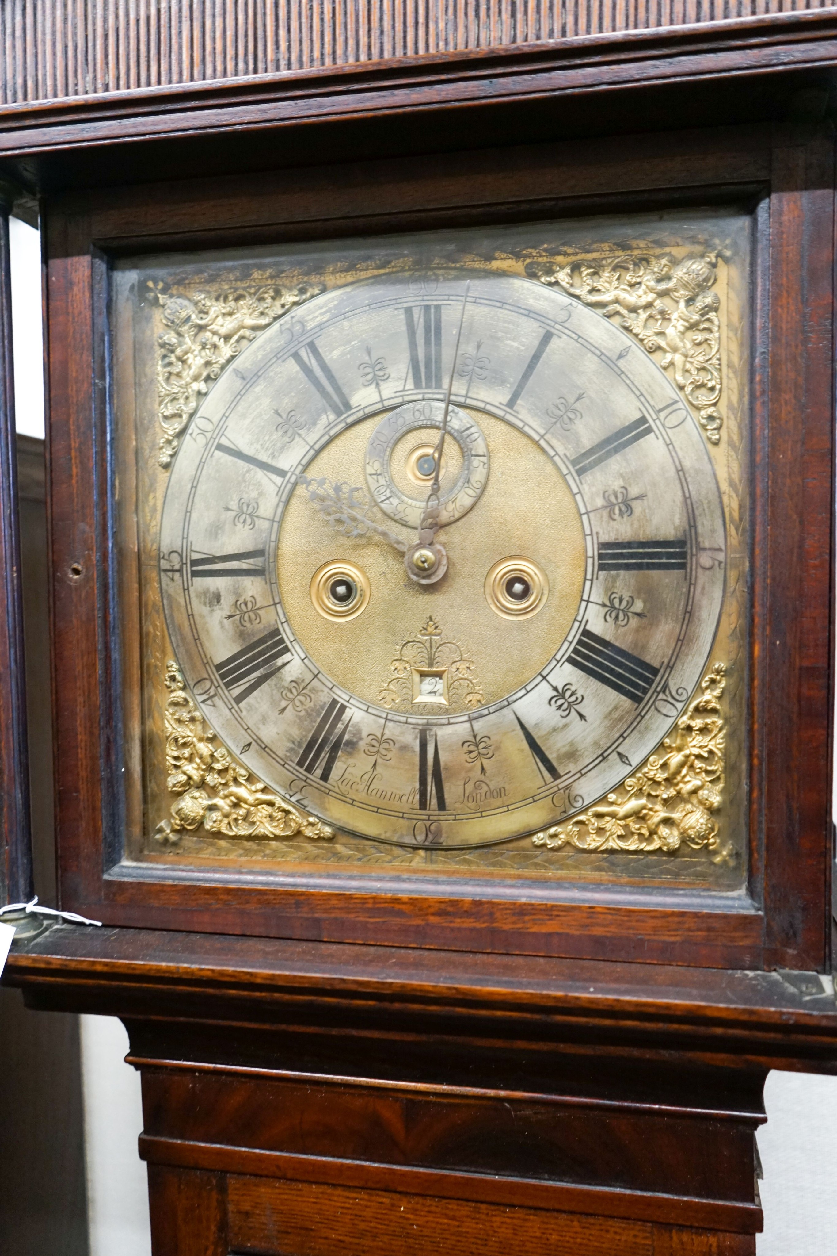 A George III eight day longcase clock, marked Zac Hanwell, London, in later oak case, height 213cm